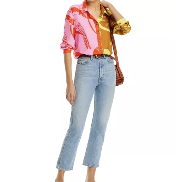 FARM Rio Tops - FARM Rio Toucans Mix Rainbow  Pink and Yellow Button Down Shirt Blouse Sz S